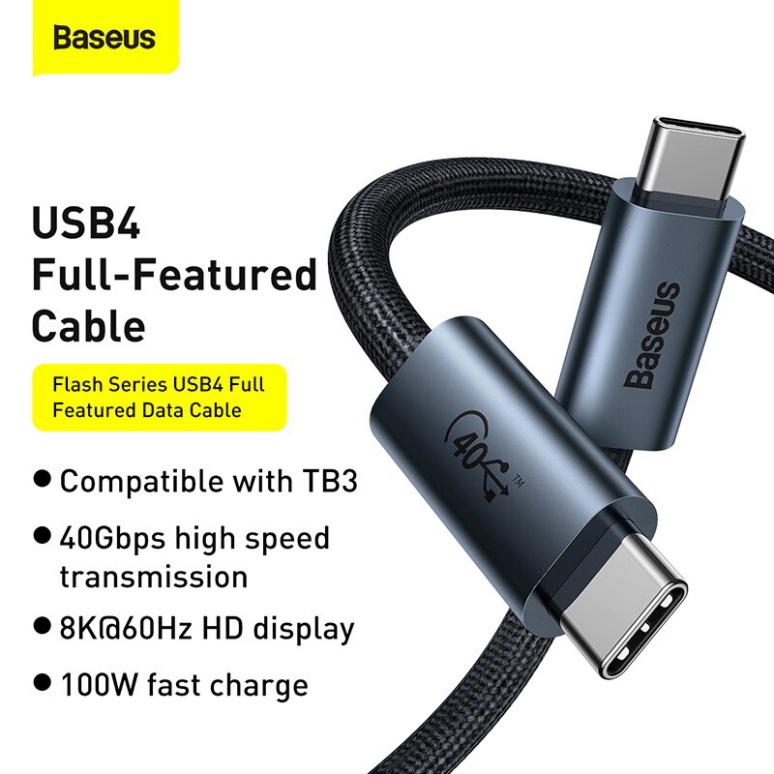 Cáp sạc nhanh Baseus 100W Thunderbolt 3/4 PD 40Gbps 8K@60Hz Type C USB 4 cao cấp