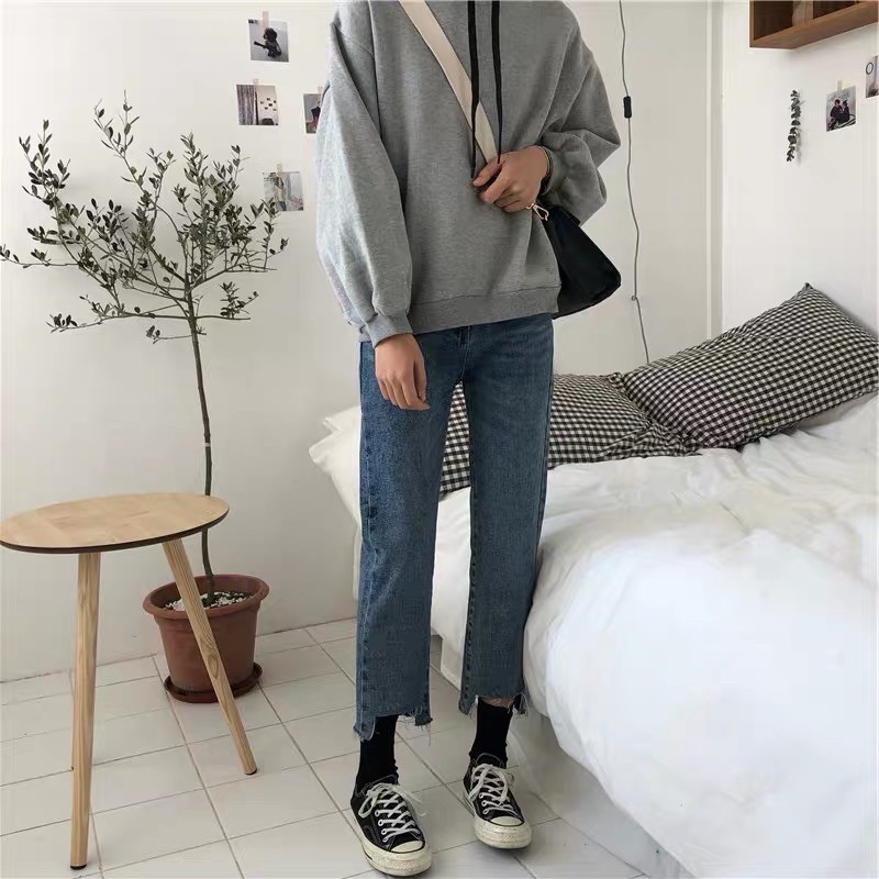 Quần slim baggy jeans nữ tua lai cắt gấu ulzzang lưng cao kèm ảnh thật