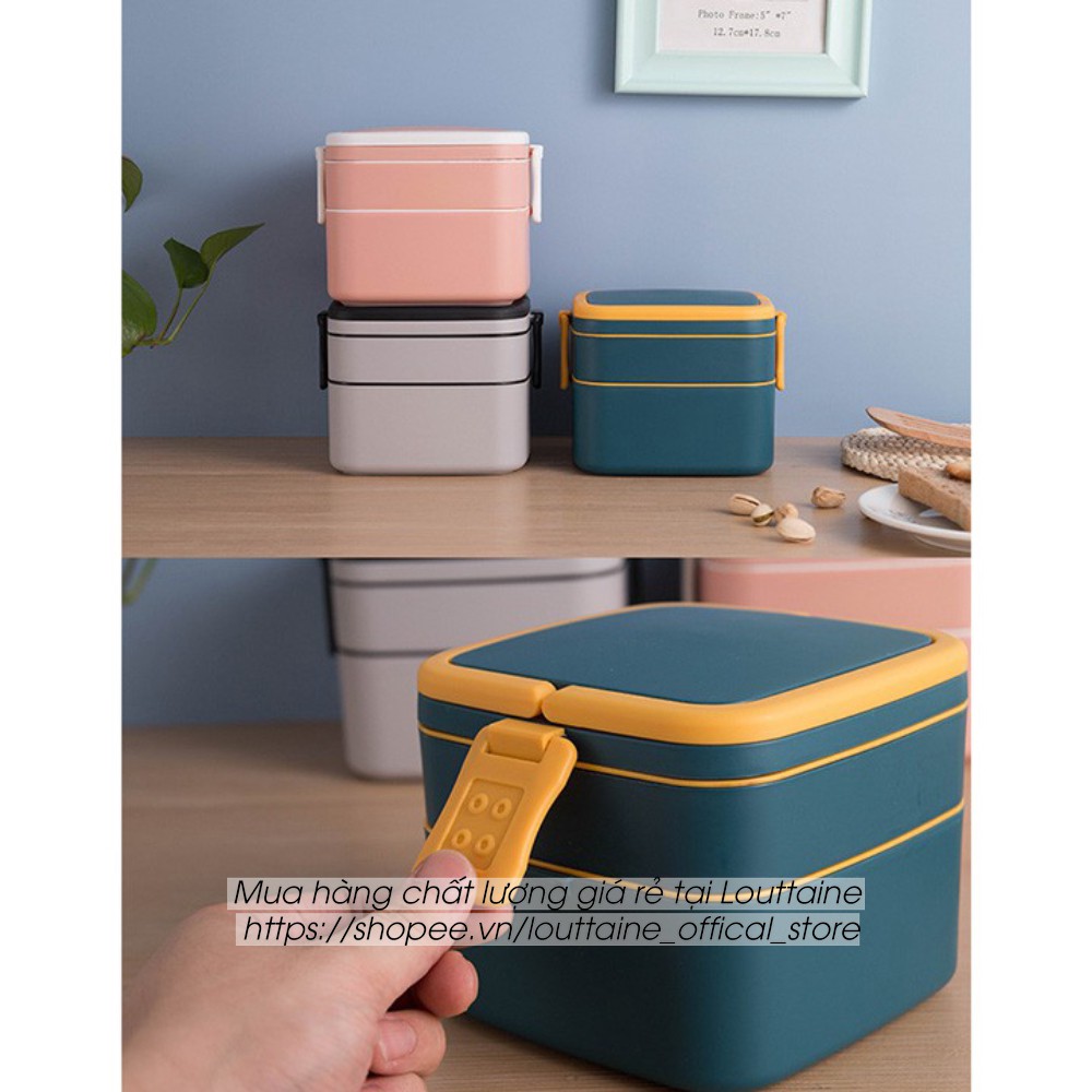 Hộp đựng cơm 2 tầng 1000ml nhựa PP cao cấp có quay xách kèm thìa, hộp đựng cơm văn phòng, đi học đi làm tiện lợi | BigBuy360 - bigbuy360.vn
