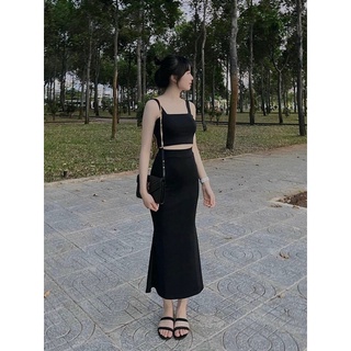 Chân váy midi đen nữ thun đuôi cá co giãn tốt 2 size SM Pumi