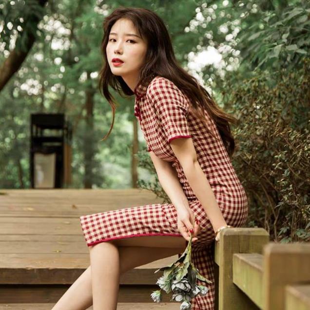 //SỈ BẰNG LẺ //Đầm Sườn xám kẻ karo đỏ ôm body xẻ trung hoa cổ điển nữ đi chơi dự tiệc xinh đẹp IMI