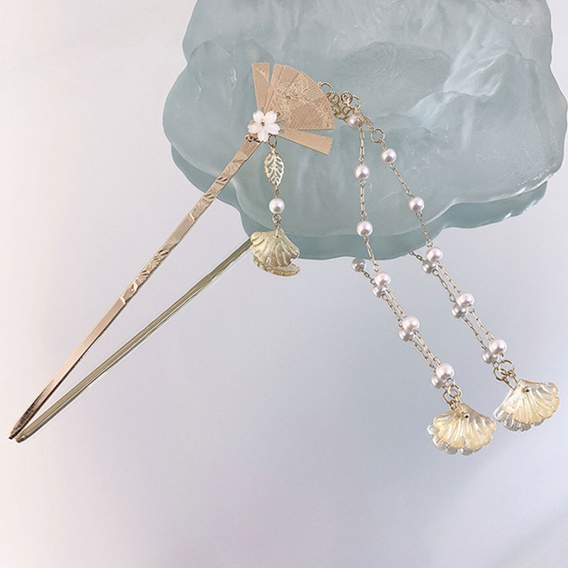 Trâm Cài Tóc Hình Quạt Đính Ngọc Trai Màu Sắc Vàng Đồng Phong Cách Cổ Điển Cho Nữ