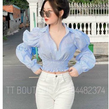Áo sơ mi nữ caro tay phồng cổ bẻ nhún eo y hình 100%(B.C)