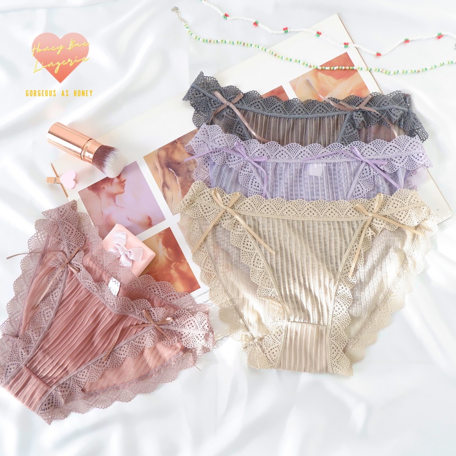 Quần Lót Ren Nữ Cao Cấp đính nơ pha voan tuyết mềm mại xuyên thấu quyến rũ sexy kháng khuẩn REN002 Honey Bae Nội Y