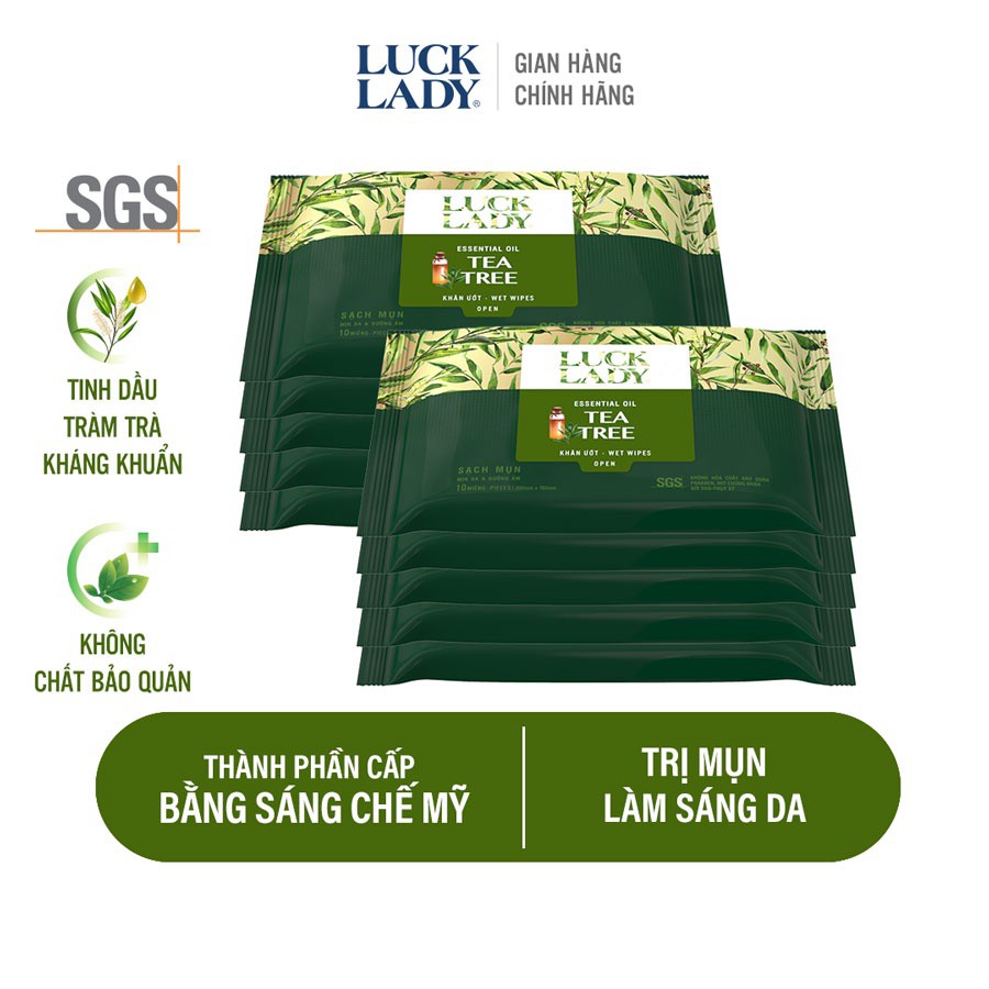 Khăn ướt ngừa mụn, mềm mịn da Luck Lady Tea Tree 10 tờ/gói - Combo 10 gói