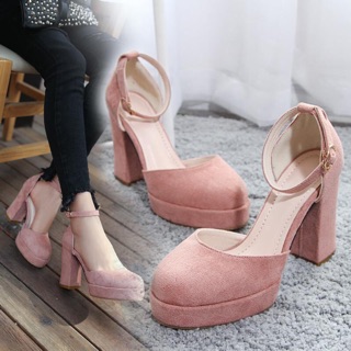 giày cao gót ulzzang order cao gót đen hồng mũi tròn đế vuông dáng hàn quốc KÈM ẢNH THẬT