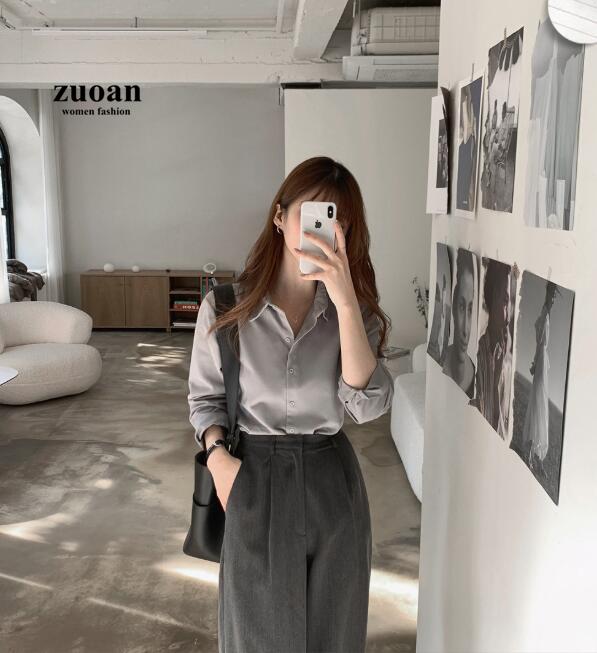 Áo sơ mi SUXI tay dài màu trơn đơn giản phong cách Hàn Quốc cho nữ