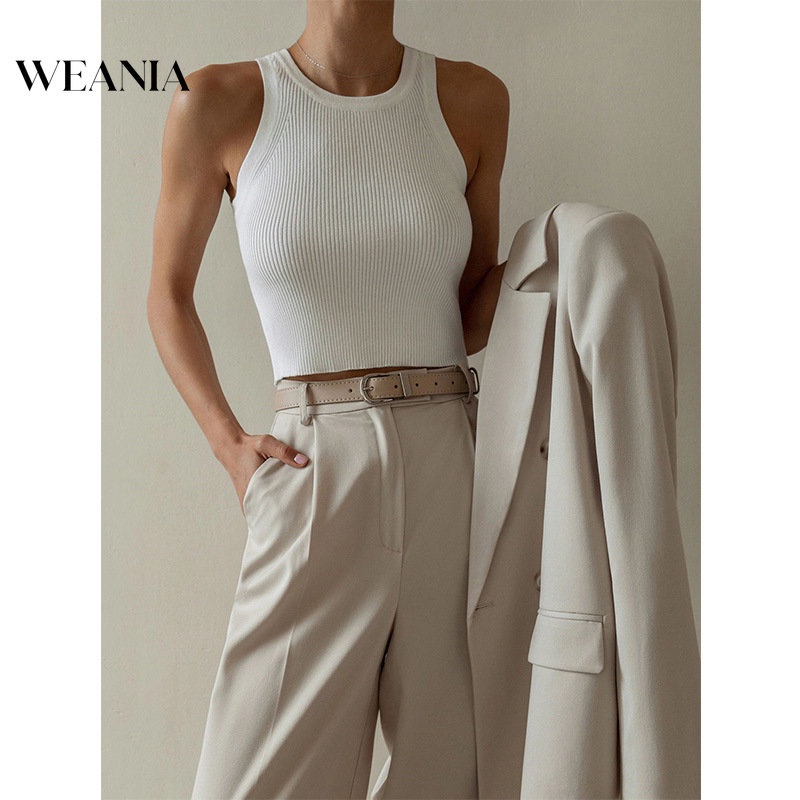 Áo Tank Top Dệt Kim Cổ Tròn Thiết Kế Đơn Giản Quyến Rũ Cho Nữ