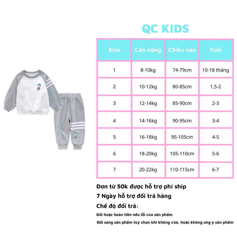 Quần áo trẻ em thu đông hàn quốc 8 đến 18 kg, quần áo bé trai, bé gái dài tay snoopy QC-KIDS