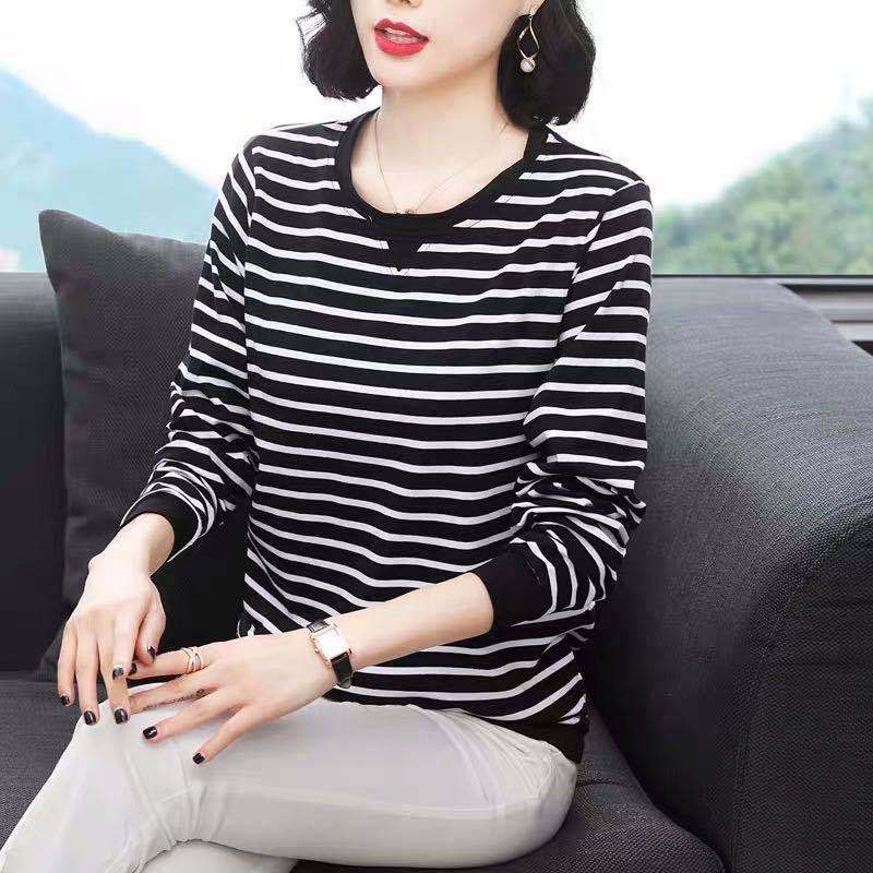 Áo thun tay dài cổ tròn họa tiết kẻ sọc thời trang cho phụ nữ trung niên