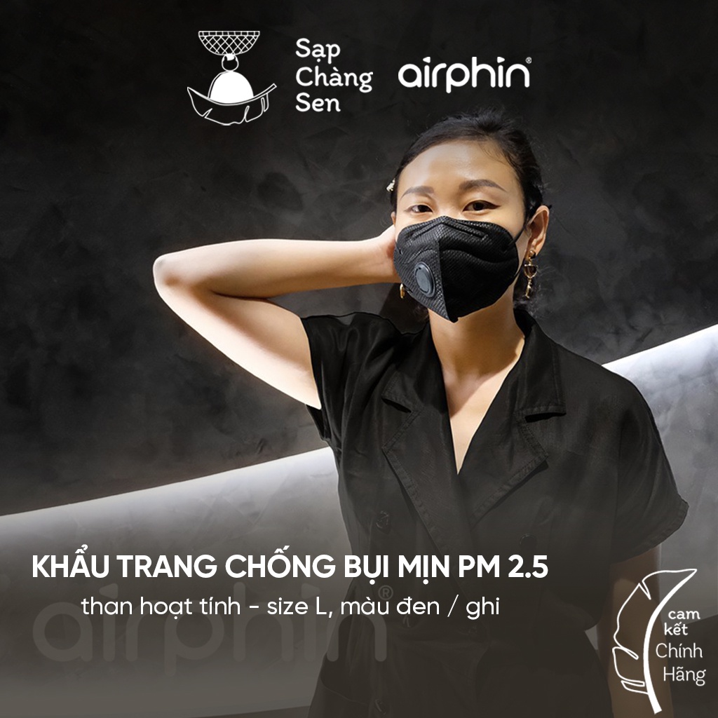 [Size L] Khẩu trang Airphin - Than hoạt tính chống ô nhiễm, bụi mịn PM 2.5 - màu đen/ghi