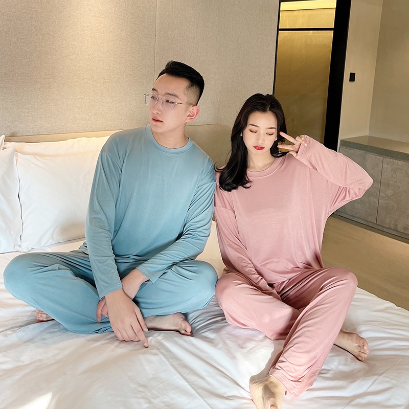 Bộ Đồ Ngủ Áo Thun Tay Ngắn Và Quần Dài Bằng Vải Cotton Màu Trơn Dành Cho Nam Và Nữ