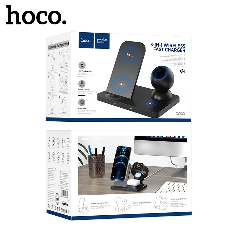 Đế sạc không dây 15W Hoco CW33 chất liệu ABS cao cấp hỗ trợ sạc điện thoại , đồng hồ, airpod cùng lúc