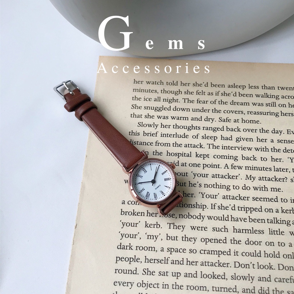Đồng hồ nữ đeo tay nữa mặt tròn dây da phong cách Hàn Quốc Gems acc