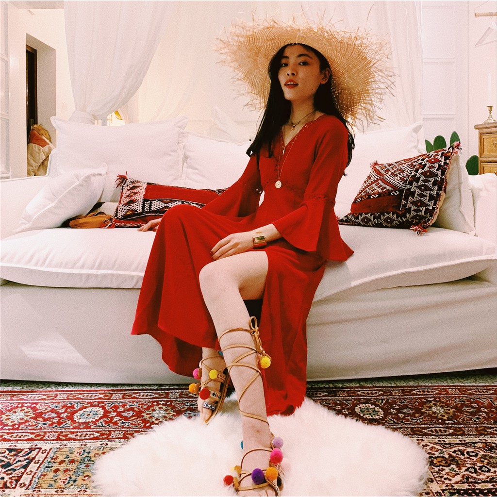 Váy voan đỏ xẻ tà tay chuông - MS059 (Có ảnh thật)