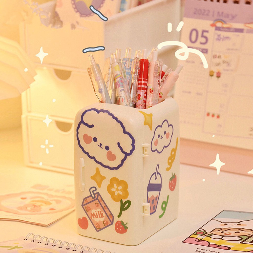 Tủ Lạnh Mini Decor - Hộp Đựng Bút, Đựng Phụ Kiện, Đựng Cọ Trang Điểm Cute (TẶNG Tấm Sticker Trang Trí) 13,5x9,5x7,5cm