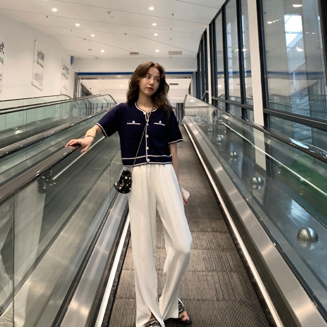 Áo dệt kim NZN ngắn tay màu tương phản thời trang Pháp cho nữ