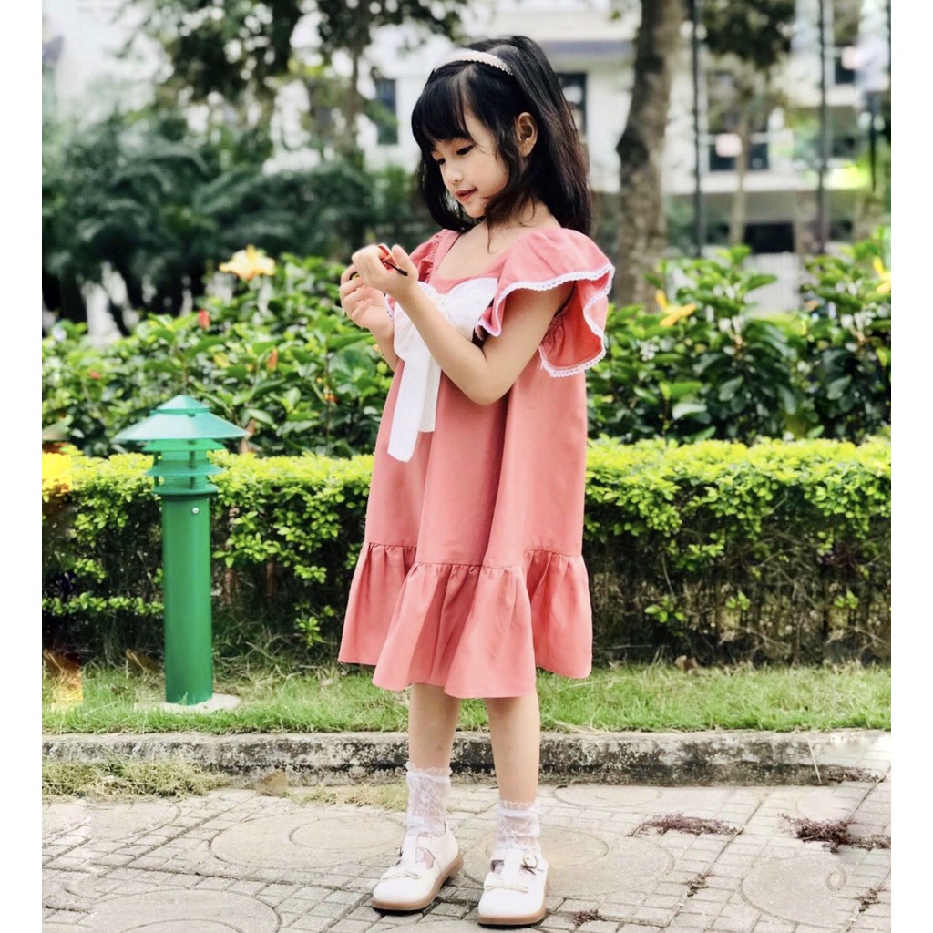 Váy đầm bé gái dáng suông đuôi cá thắt nơ vải trượt nhật cao cấp mùa hè Sunkid NN2 màu hồng 4-12 tuổi