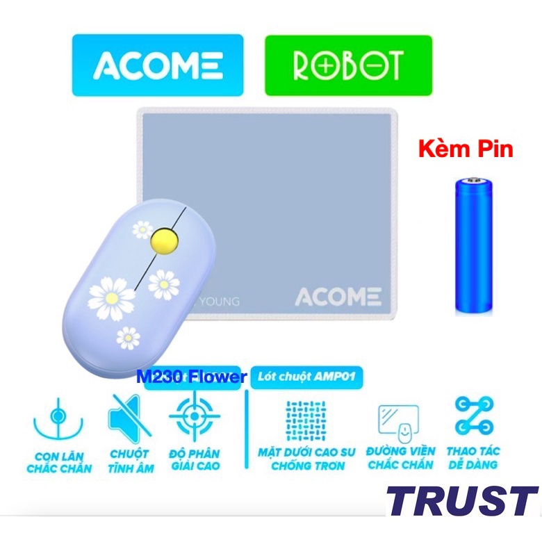 [Kèm Pin] COMBO Chuột Không Dây ACOME Và Miếng Lót Chuột ACOME AMP01 Tĩnh Âm Xanh Tặng Kèm Pin - Chính Hãng