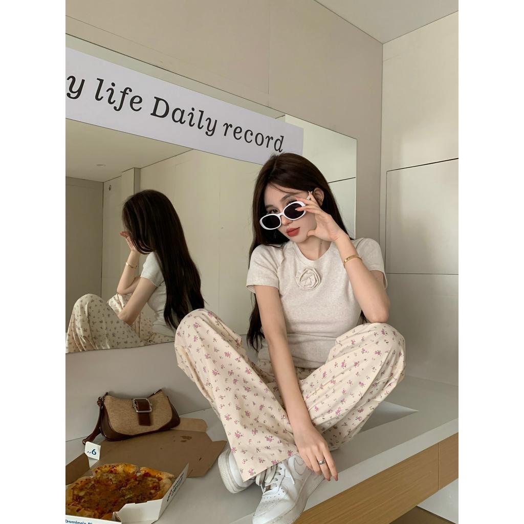 Cocory vn Set Áo Thun Ngắn Tay Hở Rốn + Quần Dài In Họa Tiết Thời Trang Mùa Hè Cho Nữ