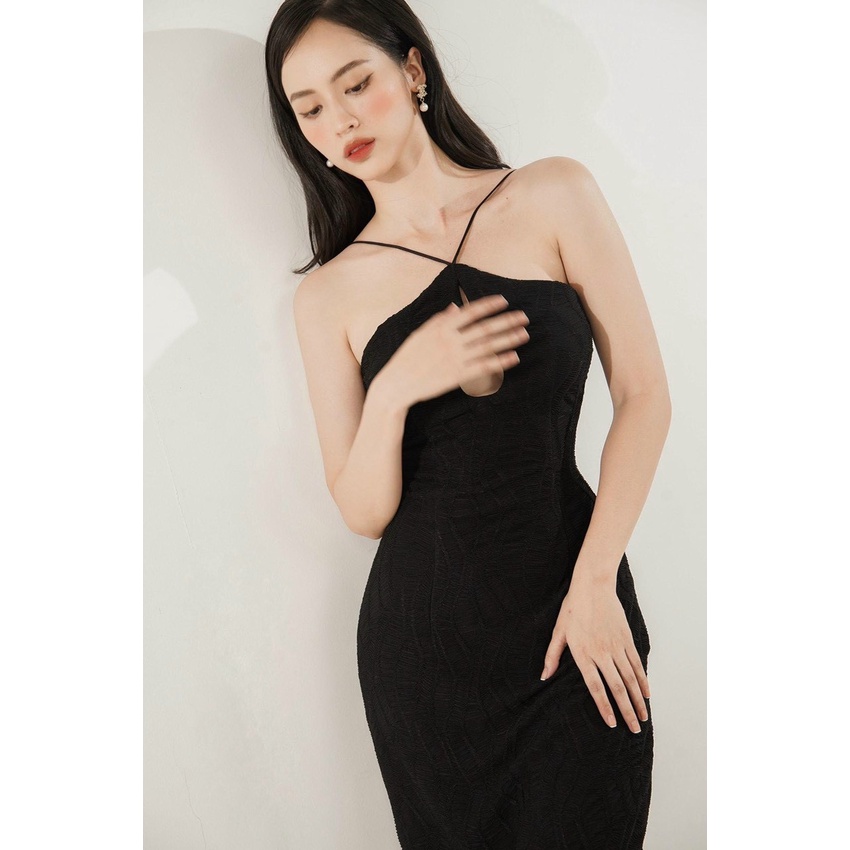 ĐẦM MIDI CỔ YẾM ĐEN KHOÉT NGỰC GIỌT NƯỚC