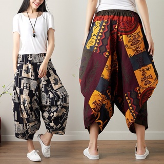 2024 Quần Ống Rộng Phong Cách Dân Tộc In Hình Quần Baggy Co Giãn Cao Cấp Phiên Bản Hàn Quốc Thời Trang Phù Hợp Với Vải Lanh Cotton Rời Crop W
