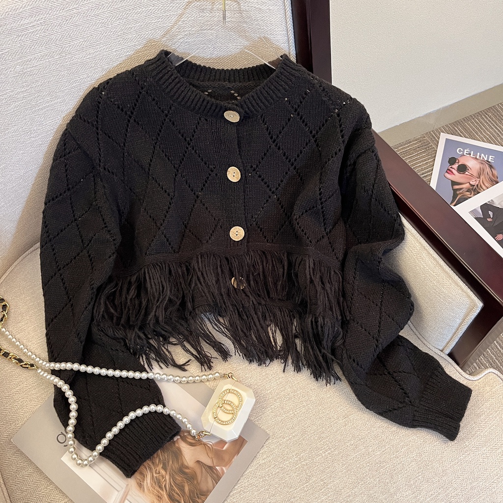 NUZIRO  Áo khoác cardigan  len dệt kim mềm mại phối tua rua phong cách Hàn Quốc thời trang dành cho nữ