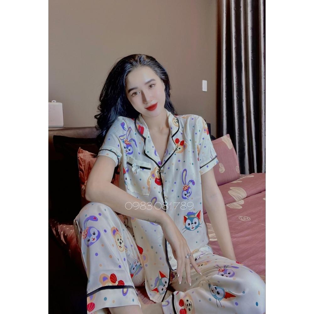 Bộ Pizama Lụa Satin -  💖bộ Lụa Tay Cộc - Quần Dài Họa Tiết Con Hạc