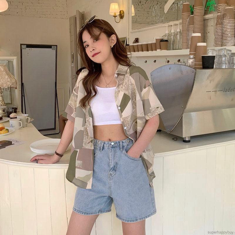 Women's Retro Shirts Printed Short Sleeve Loose Casual Shirts Tops