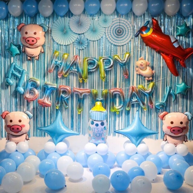 set bóng trang trí sinh nhật bé heo 1 tuổi MS249