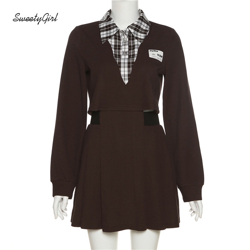 Đầm Mini Tay Dài Cổ Bẻ Họa Tiết Kẻ Sọc Màu Nâu Tương Phản Thời Trang 2022 Cho Nữ