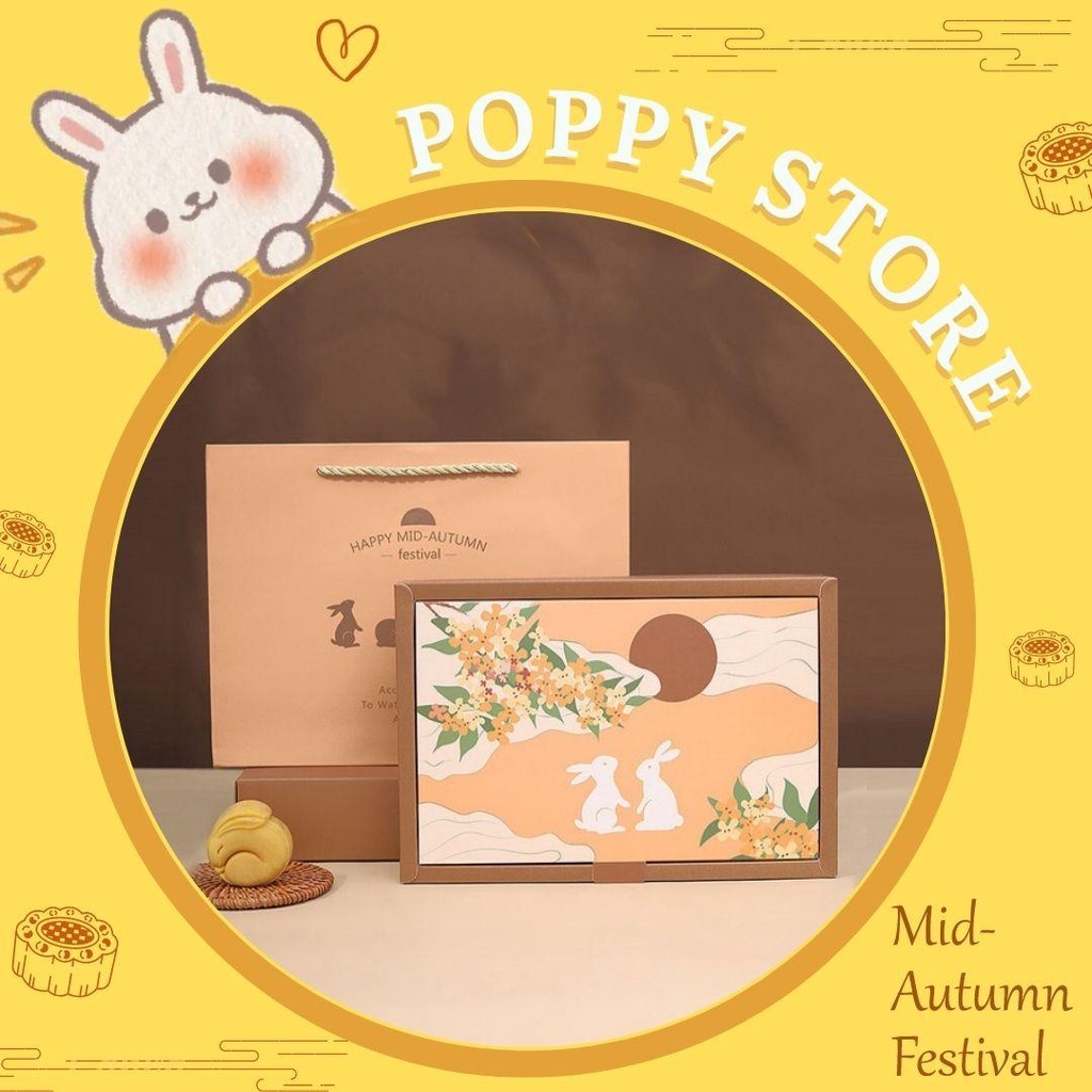 Hộp đựng bánh trung thu 6 bánh kèm túi giấy, mẫu 3 - Bánh 50gr - POPPY STORE