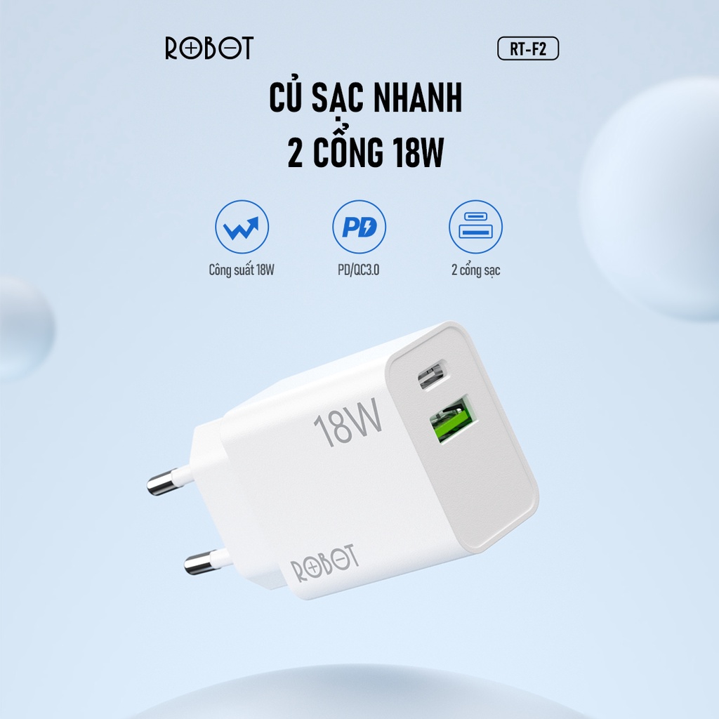 Cốc Sạc Nhanh ROBOT 18W 2 Cổng USB-A Type-C RT-F2 Hỗ Trợ Sạc 2 Thiết Bị Cùng Lúc Dòng Hàng Chính Hãng