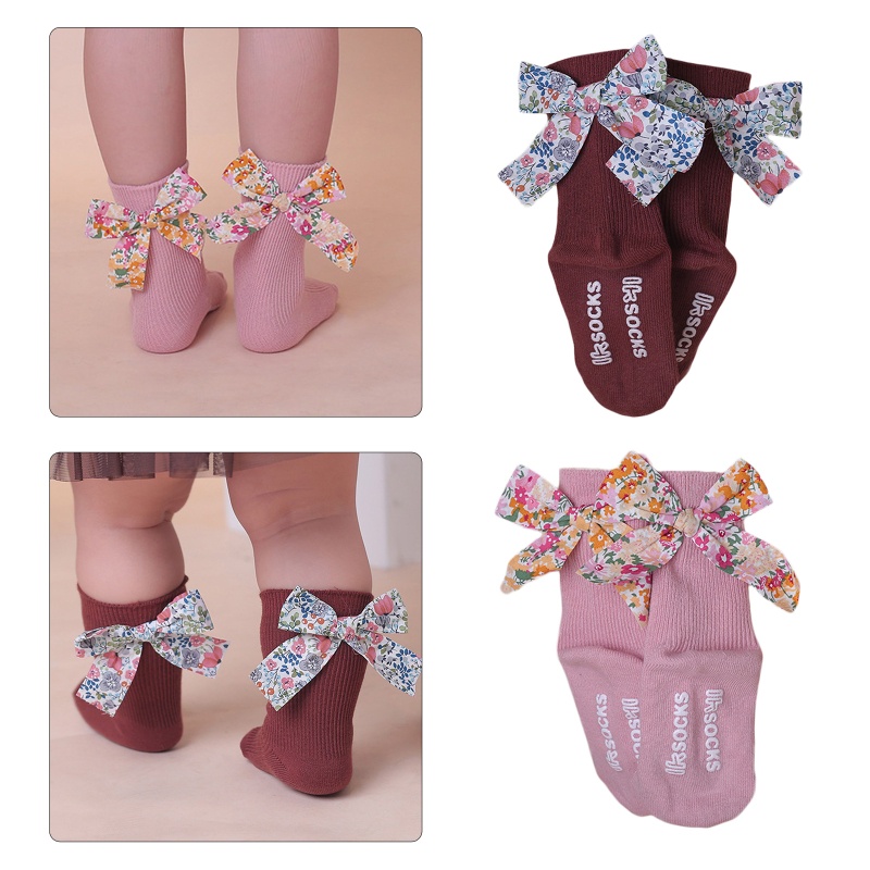 Tất Cotton Chống Trượt Đính Nơ Họa Tiết Hoa Xinh Xắn Cho Bé Gái