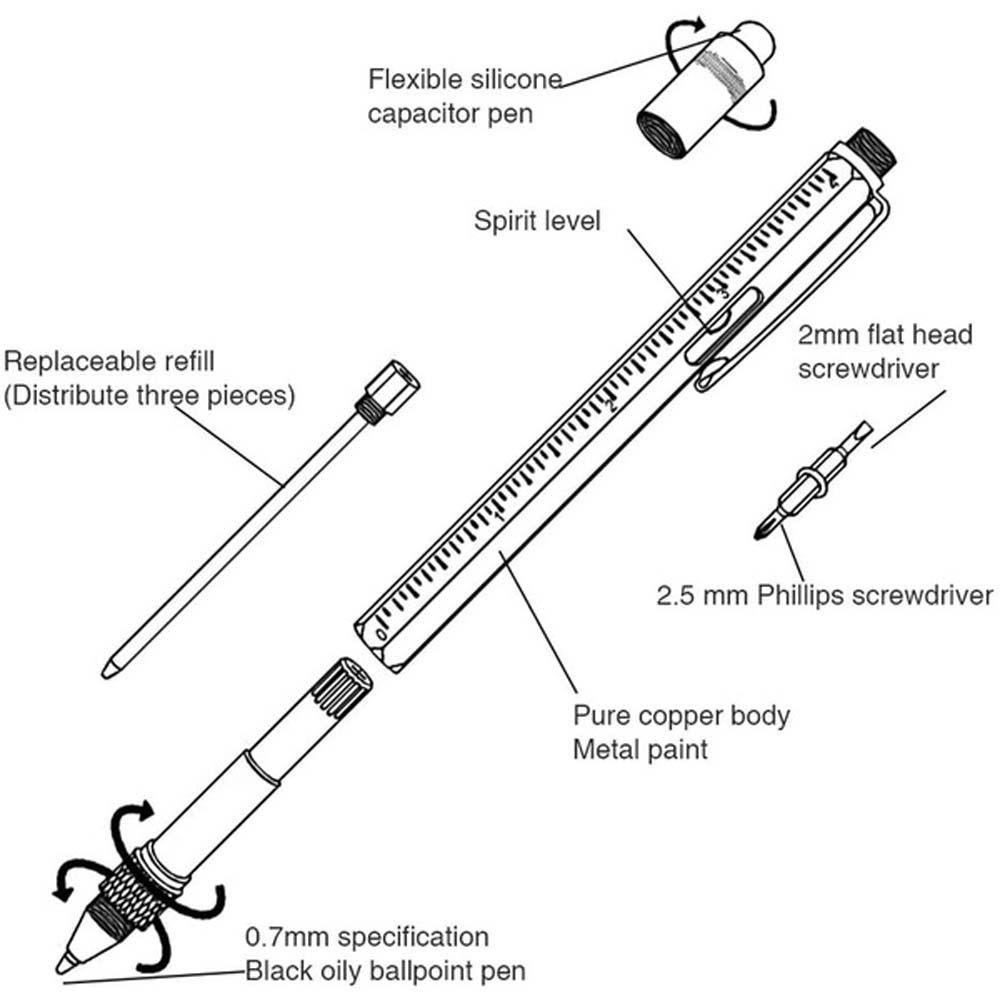Bút bi tua vít 6 trong 1 lưỡi dẹt bắt chéo với thang đo hệ mét kiêm bút cảm ứng bằng nhôm đa năng dành cho điện thoại