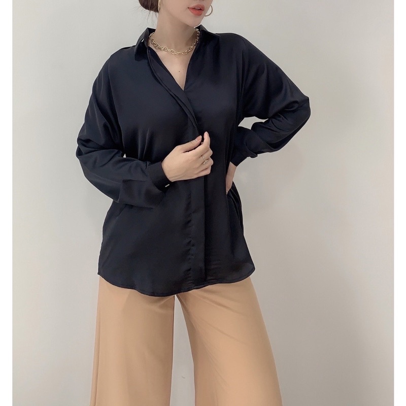 Áo sơmi phi satin nẹp viền