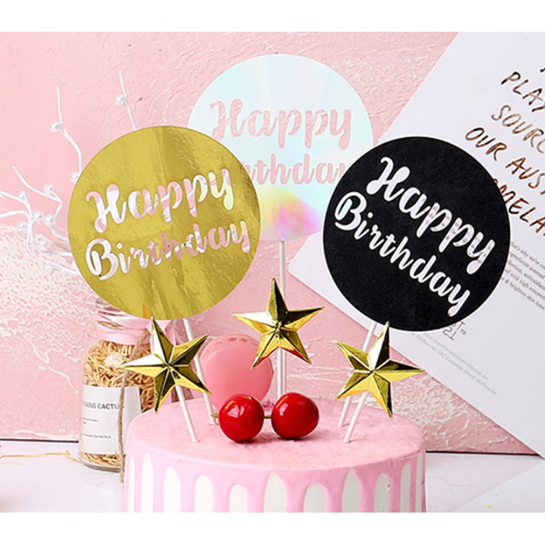 Que cắm giấy Happy birthday tròn, hình cắm giấy happy birthday trang trí bánh kem, topper cake