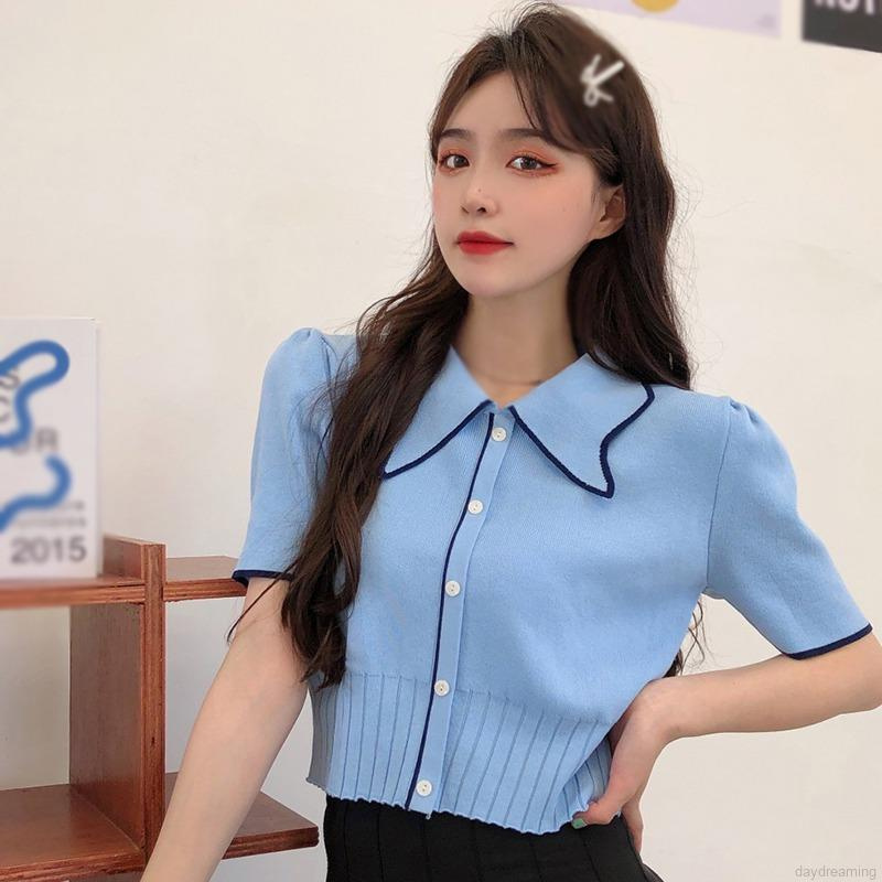 Áo Croptop Dệt Kim Tay Ngắn Thiết Kế Thanh Lịch Cho Phái Nữ