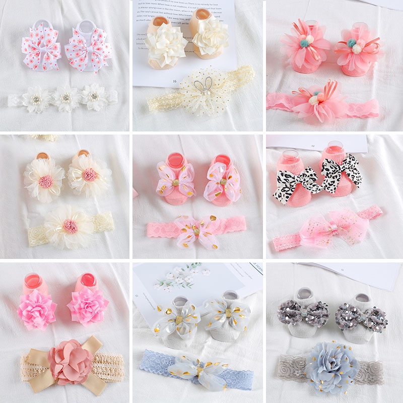 Set 2 Món Băng Đô + Vớ Chống Trượt + Băng Đô Vải Ren Chụp Ảnh Cho Bé