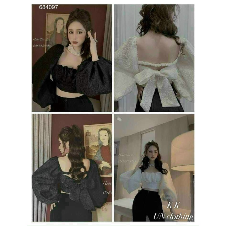 Áo kiểu croptop tay bồng hở lưng cột dây cực hot , chất xốp mềm mát