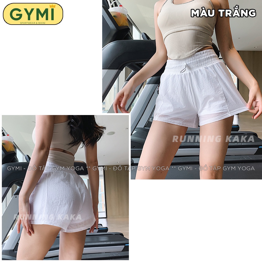 Quần tập gym yoga nữ GYMI QS22 dáng đùi short thể thao 2 lớp chất đùi mịn mát có dây rút chạy bộ