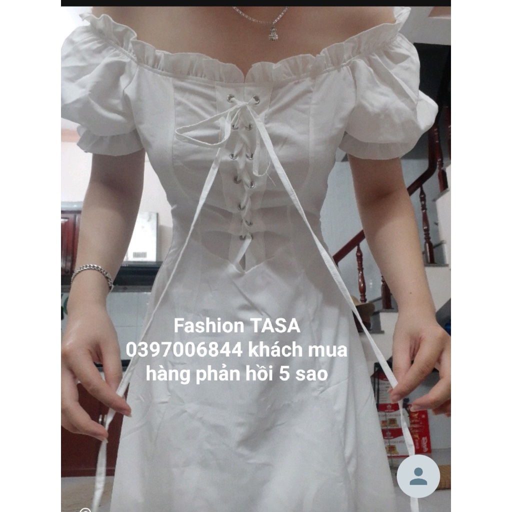 X2 Đầm trắng dự tiệc váy cưới cổ bèo đan dây ngực mặc 2 kiểu trễ vai tay ngắn bo chun đen cách điệu 2 lớp