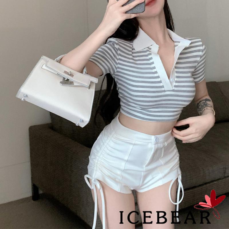 ICE-Women’s Short Sleeve T-shirt Stripe Print Button Lapel Exposed Navel Tops