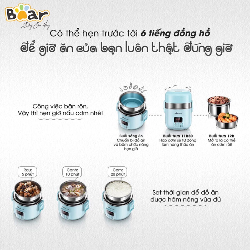 Hộp Cơm Cắm Điện Bear Khay Inox nấu cơm, nấu thức ăn, giữ nhiệt (Hàng chính hãng 1 đổi 1 trong 30 ngày, BH 18 tháng)