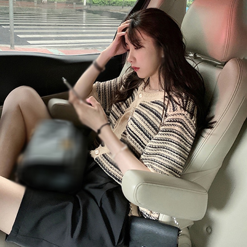 Áo cardigan dệt kim tay ngắn cổ tròn kẻ sọc dáng ôm phong cách Hàn Quốc