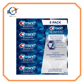 SET 5 TUÝP KEM ĐÁNH RĂNG CREST 3D WHITE ADVANCED TRIPLE WHITENING 158Gx5 HÀNG NHẬP MỸ KHÁNG KHUẨN TRẮNG RĂNG THƠM