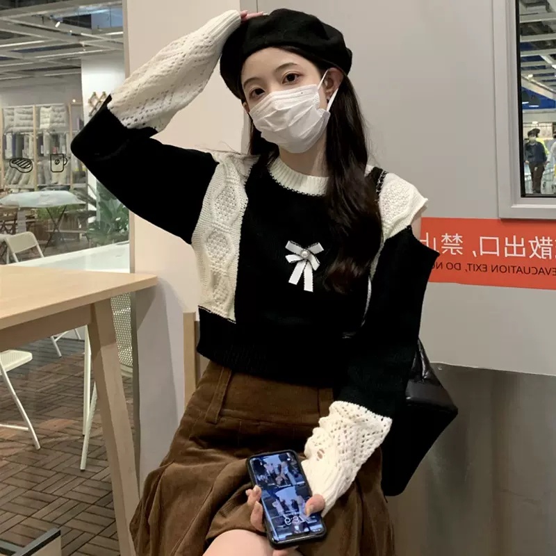 Áo croptop ZHELIHANGFEI dệt kim tay dài hở vai dáng rộng phong cách trẻ trung quyến rũ cho nữ