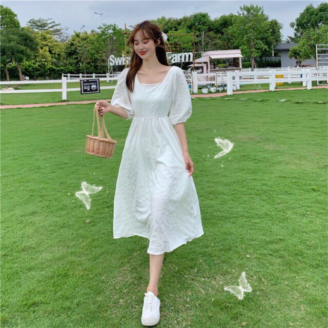 [GIÁ SỈ] Váy trắng cổ vuông tay bồng tiểu thư - Đầm trắng dáng dài | BigBuy360 - bigbuy360.vn