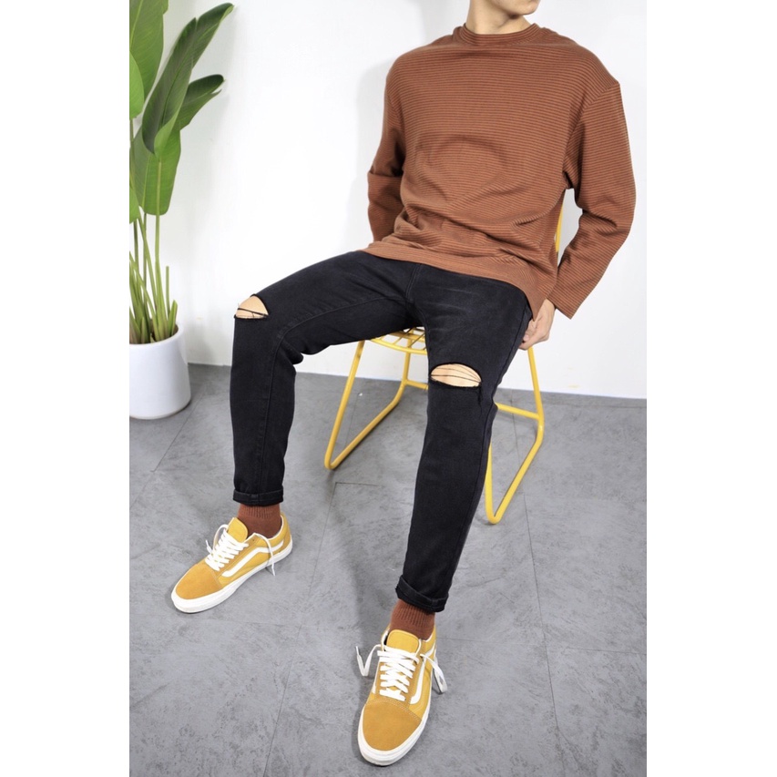 Quần jean nam đen Gấu 194 trơn &amp; rách vải jeans bò cotton duck cao cấp mềm mịn, co dãn - form slim fit [ Bigsize]