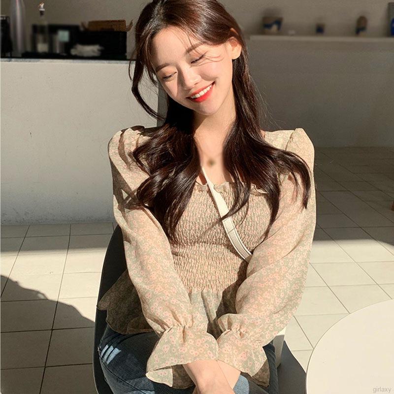 Áo Voan Dài Tay In Hoa Với Thiết Kế Cổ Vuông Xinh Xắn Theo Phong Cách Retro Hàn Quốc | BigBuy360 - bigbuy360.vn